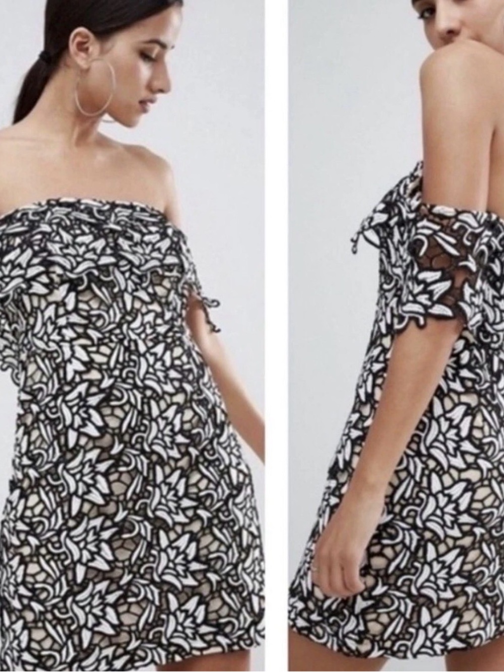 PrettyLittleThing Black and White Off-Shoulder Lace Mini Dress